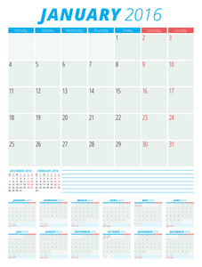 日历 2016年矢量平面设计模板。组的 12 个月。每周星期一开始