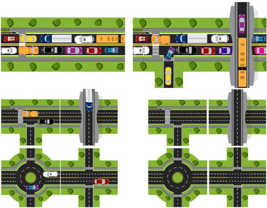 组的抽象的路口。十字路口的各种道路。迂回的循环。困难的交通。插图