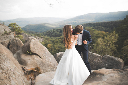 美丽快乐年轻夫妇合影背景的岩崖上