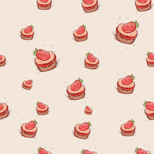 蛋糕与草莓手上的素描画粉红的底色。无缝模式向量