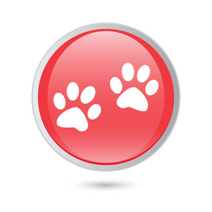 爪子标志图标。狗宠物步骤符号。有光泽的红色按钮
