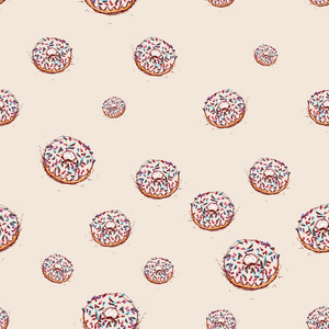 甜甜圈与白色奶油手上的素描画粉红的底色。无缝模式向量