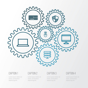计算机大纲图标集。数据中心 外围设备 键盘和其他元素的集合。此外包括符号如保护，笔记本，计算机