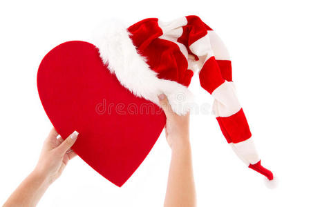 带着圣诞帽和爱心的红心女人图片
