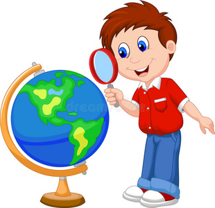 放大镜看种子卡通男孩用放大镜看地球仪照片