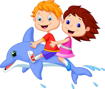 男孩和海骑海豚的卡通男孩和女孩照片