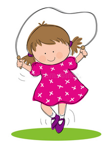 卡通女孩与球, 与俱乐部, 丝带, 跳绳和箍跳绳训练花样滑冰,挂在蓝色