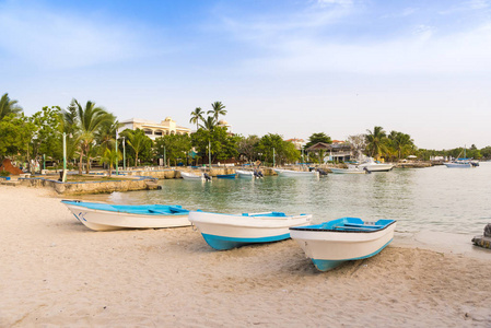 Bayahibe，La 莱昂的住宿，多米尼加共和国在岸上的小船。复制文本的空间