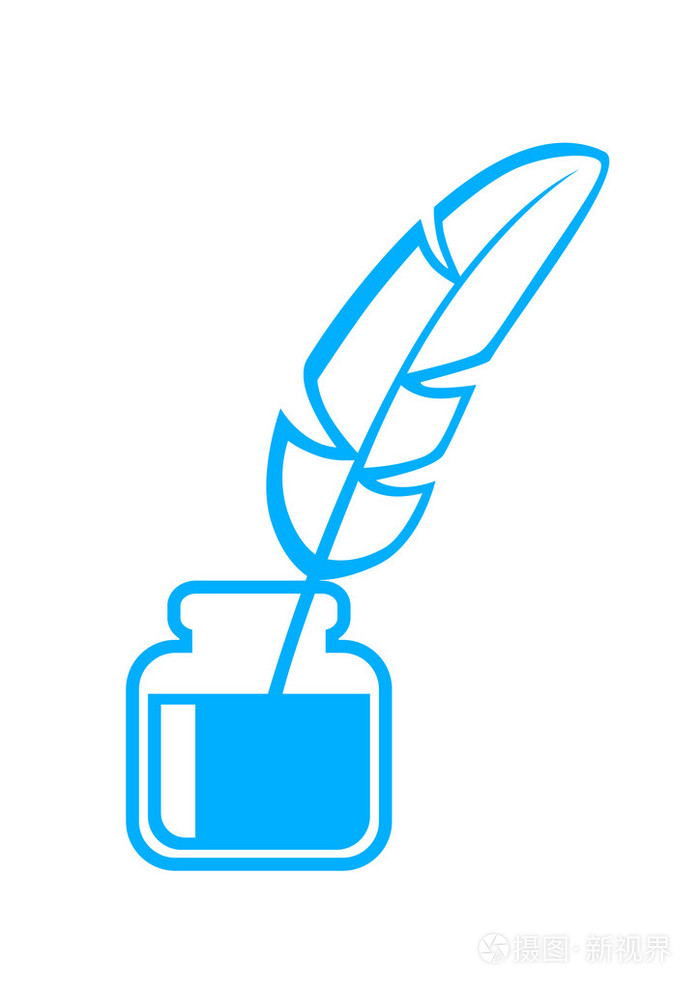 蓝色的鹅毛笔和墨水瓶白色背景上插画-正版商用图片0uypso-摄图新视界