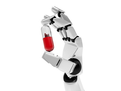 机器人机械臂与药物的概念。3d 渲染