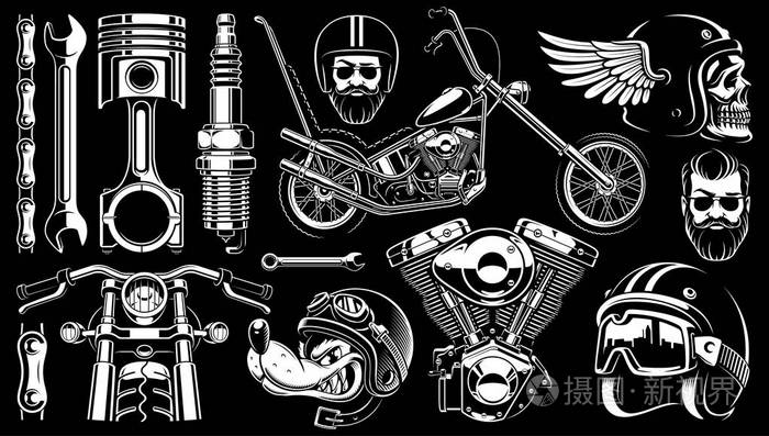 摩托车与 14 种元素在深色背景上的剪贴画