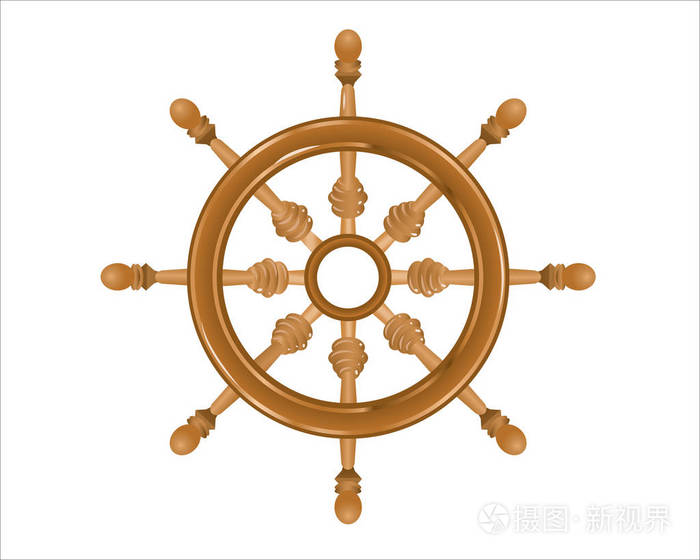 船上的白色背景上的木方向盘