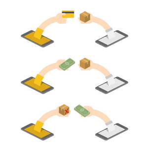 智能手机与买方手拿着信用卡或现金和卖方手弹出发送货物集