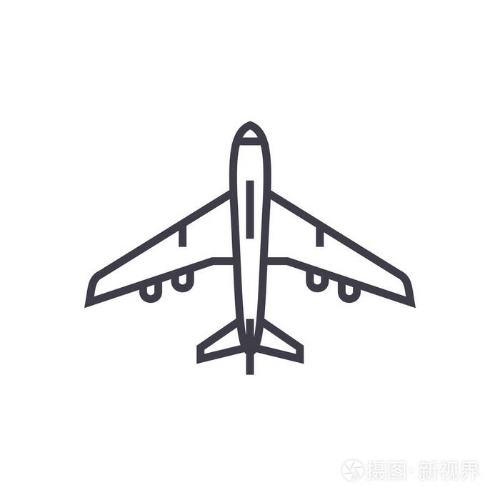 飞机顶视图矢量线图标, 标志, 插图背景,可编辑笔触插画-正版商用图片