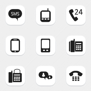9 可编辑设备图标集。包括手机 家庭手机 24 小时服务和更多的符号。可用于 Web 移动 Ui 和数据图表设计