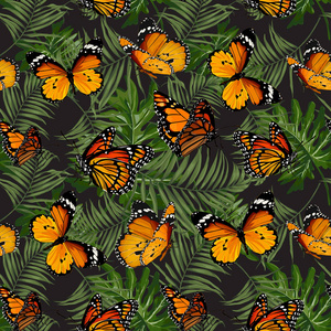 无缝矢量模式用树叶和蝴蝶