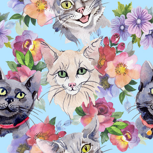 猫野生动物纹样在水彩风格