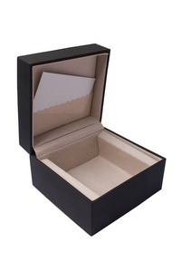 礼品盒。开放的黑色手表盒白色背景上。空白的名片里面下题词