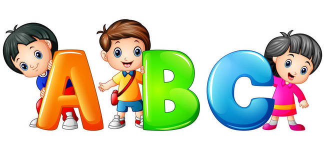 小孩抱着 abc 字母孤立在白色背景上照片