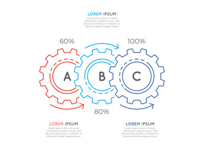 细线商业信息图表模板与齿轮齿轮 3 步骤