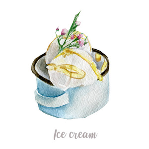 水彩手绘冰激淋。白色背景上的孤立的甜点图