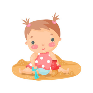 可爱的卡通小女孩玩沙的丰富多彩的人物矢量图照片