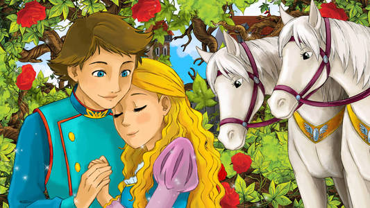 卡通幸福的情侣在花园里聊天满是玫瑰儿童插画