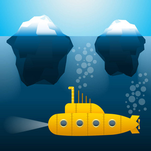 潜水艇在水之下。冰山。卡通风格。明亮的颜色。矢量图像