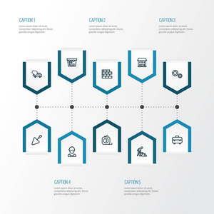 建设大纲图标设置。镘刀 磁带标尺 建筑工程及其他元素的集合。家里还包括水泥 颜色符号