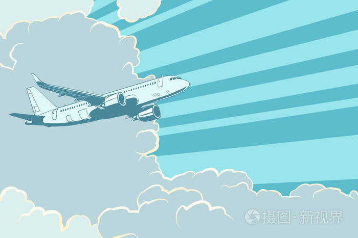 插画 复古飞机在云层中飞行.空中旅行背景.eps