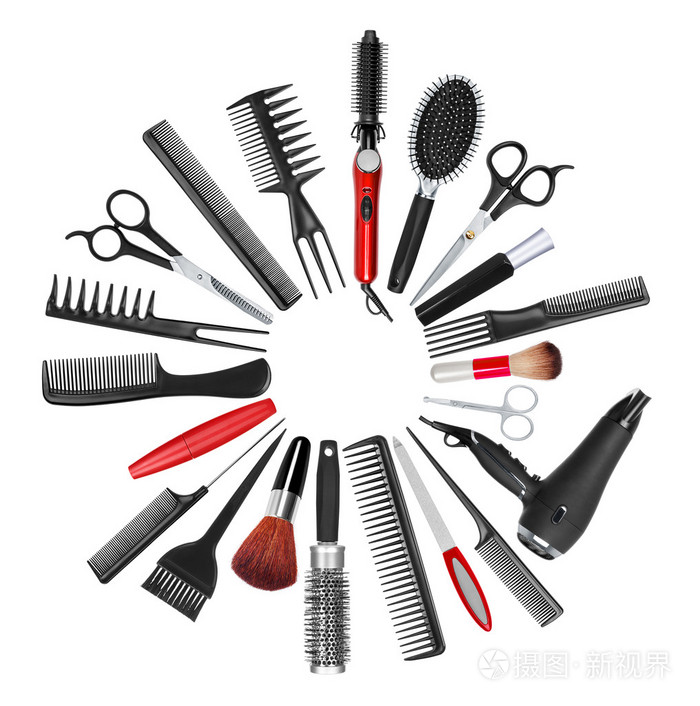 一个专业的发型师和化妆工具集合