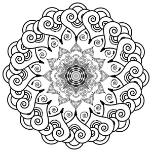 莲座丛风格曼陀罗花鼓舞亚洲文化和指甲花曼海蒂纹身元素在白色背景上的黑色和白色