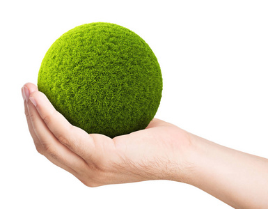 从手掌上的草的绿色球。白色背景上的孤立。3d 图