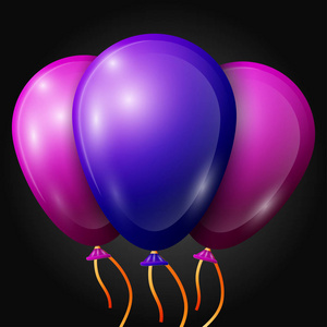 现实的蓝色 紫色气球用丝带孤立在黑色背景上。闪亮的彩色光泽气球矢量图