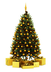 装饰的圣诞树用礼品盒上白色黑色孤立