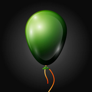 现实的绿色气球用黑色的背景上孤立的丝带。闪亮的彩色光泽气球向量插图