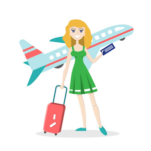 小女孩微笑着行李与机票与飞机分离背景