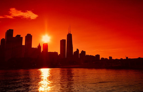 芝加哥在夕阳的地平线上，我们