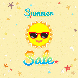 夏天销售横幅或海报与太阳笑脸戴着太阳镜