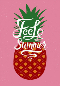夏天的感觉。夏季水果菠萝书法的海报。复古矢量图
