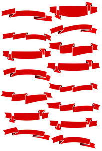 一整套十五红色卡通丝带和横幅的网页设计。伟大的设计元素在白色背景上孤立