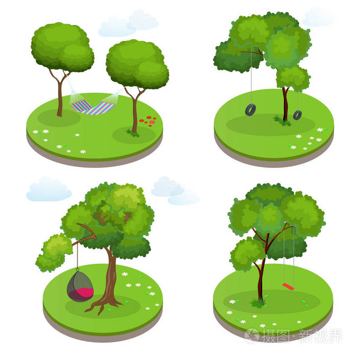 两棵树,吊床上椅子之间的等距绳吊床秋千和轮胎的摆动.平面矢量图