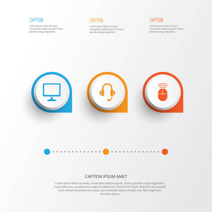数字图标设置。耳机 桌面 电脑鼠标和其他元素的集合。此外包括计算机 耳机 麦克风等符号