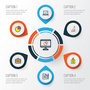 贸易多彩大纲图标集。协议 饼图 金融利润和其他元素的集合。此外包括符号袋 鉴定 合同等