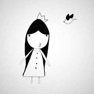 卡通可爱女孩与鸟