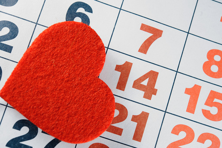 2015 年 2 月 14 日从红色毡的日历，情人节那天心