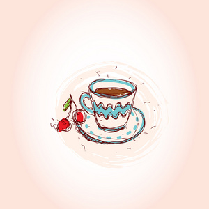 杯咖啡和樱桃手上粉红色背景的素描画.矢量照片