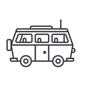 小型货车旅行 家庭汽车矢量线图标 标志 插图背景，可编辑笔触