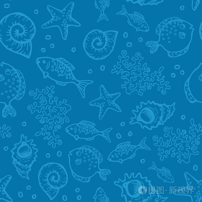 手绘蓝色复古海背景与水下居民无缝纹理的鱼, 海草, 贝壳和海星.