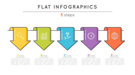 平面样式 5 步骤时间线图表模板。细线上一篇